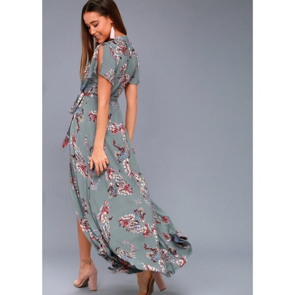 Lulus Fiorire Slate Blue Floral Print Wrap Maxi Dress 20577 - Picture 2 of 13